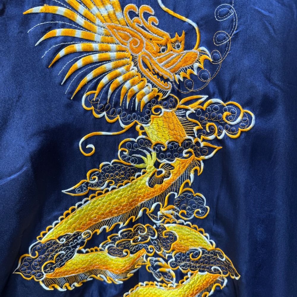 Navy Blue Gold Dragon Embroidered Satin Kimono Robe Asian Motif Reversible - Picture 8 of 15